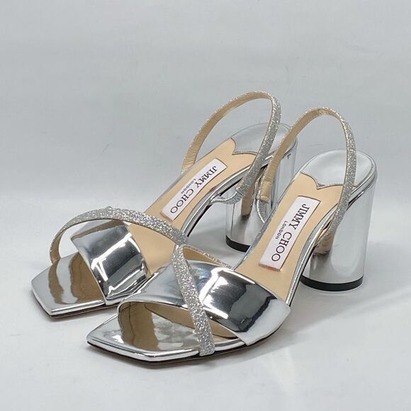Jimmy Choo Plum Metallic Leather & Glitter Slingback Sandals size 36.5 - Picture 4 of 12